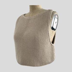 Meshki Tan Neutral Cotton Knit Cropped Preppy Sweater Vest, Women's Size XS